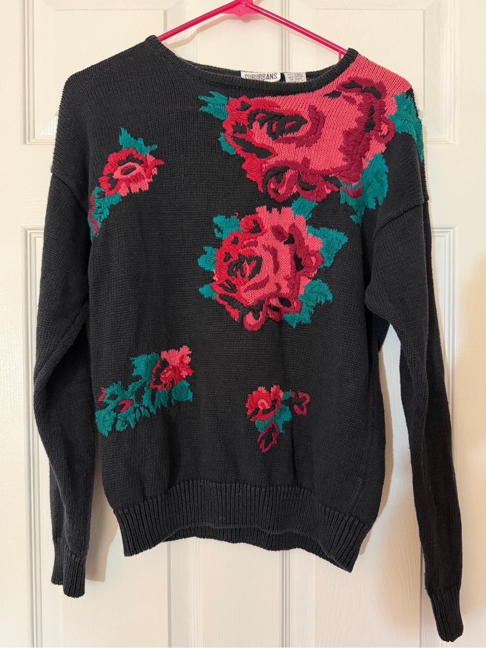 Vintage Suburbans Black Knit Sweater with Rose Design - flaw noted